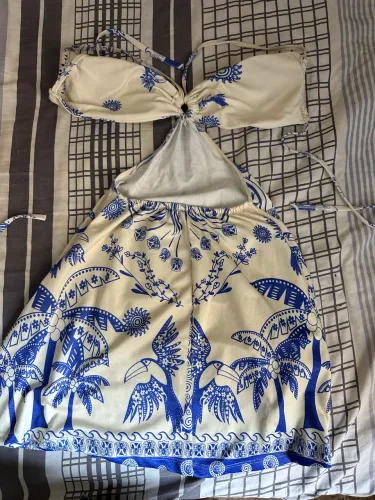 Vestido Feminino Estampado Azul E Branco Com Recorte