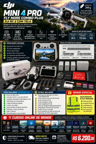 DJI Mini 4 Pro Fly More Combo Plus + RC2 + 3 Baterias - R$ 6.200