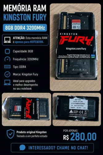 Memória RAM 8GB, 3200MHz, DDR4, Notebook, Kingston Fury Impact