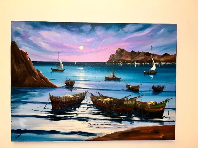 Quadro pintura óleo barcos - 110cm x 80cm - Artista Garro