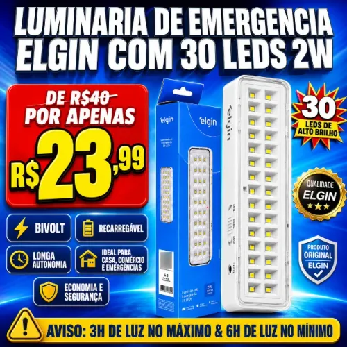 LUMINÁRIA DE EMERGÊNCIA ELGIN COM 30 LEDS = Entrega grátis
