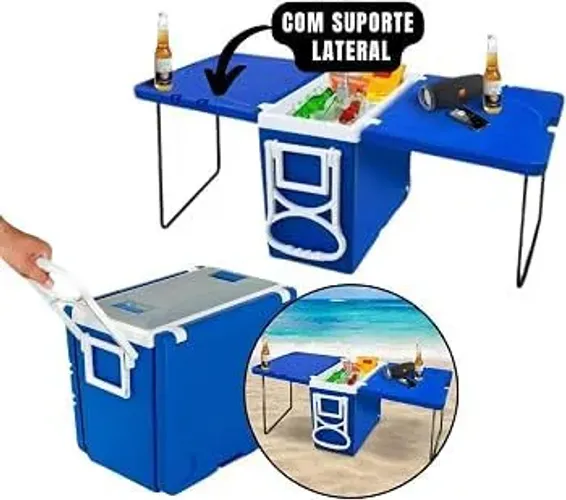 Caixa Térmica Cooler 32L Com Rodinhas Vira Mesa Praia E Camping