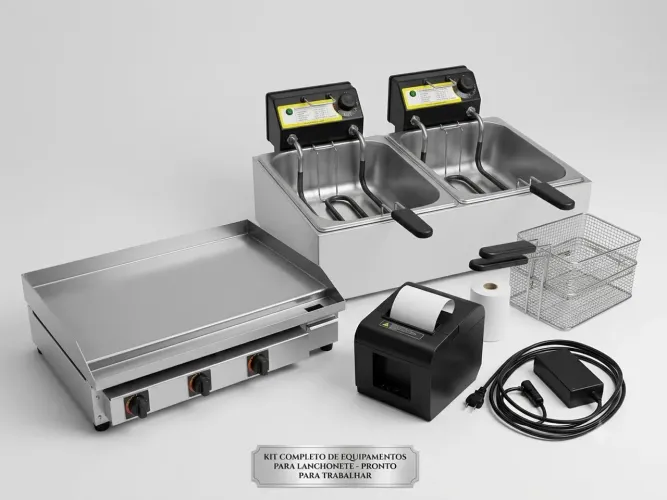 ? KIT HAMBURGUERIA COMPLETO ? Chapa + Fritadeira Dupla + Impressora Térmica