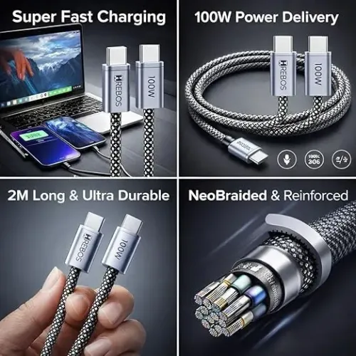 Cabo USB-C Turbo 100W 2 Metros | Power Delivery | Nylon Reforçado | Pronta Entrega