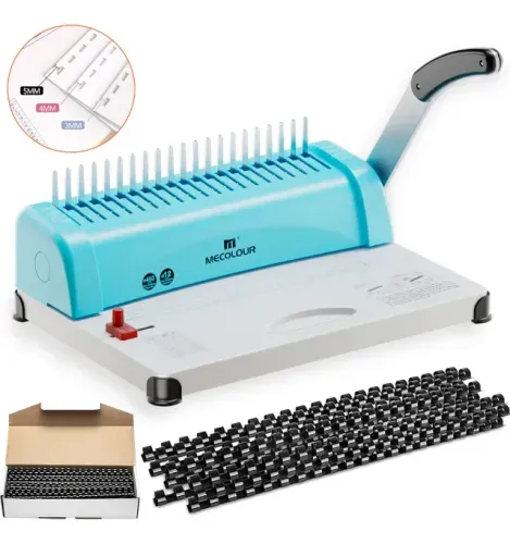 (26) Encadernadora Manual A4 Mecolour 21 Furos 12 Folhas + 100 Espirais Pente