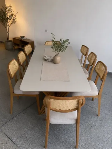MESA DE JANTAR 220x110 PÉS RIPADOS - COM 8 CADEIRAS DE TELINHA