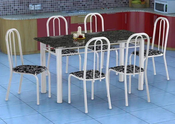 MESA JANTAR 6 CADEIRAS AÇO TAMPA GRANITO