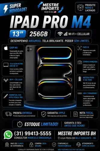 iPad Pro M4 13 256GB Wi-Fi Cellular Space Black Novo Lacrado