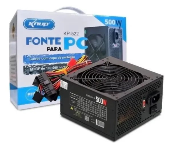 Fonte ATX 500w Reais para PC Gamer Preta Super Silenciosa Bivolt com Cabo de Força Knup KP
