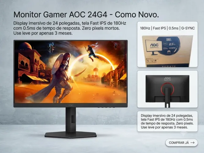 Monitor AOC 24 polegadas, 180 hz. Semi novo
