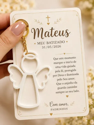 Card com chaveiro anjinho batizado primeira eucaristia