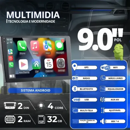 Central Multimídia Com Android Auto E Carplay Tela 9 2din