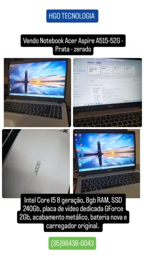 Vendo Notebook Acer Aspire A515-52G Prata - zerado