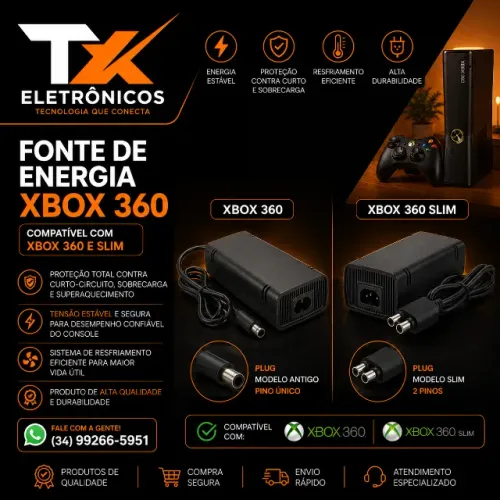 Fonte de Energia Video Game Xbox 360 E Xbox Slim - Bivolt - Fonte Xbox