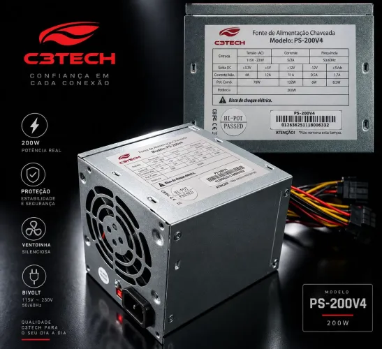 Fonte ATX C3Tech PS-200V4 200W Bivolt para Computador PC