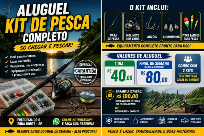 Aluguel de Pesca molinete vara chumbo anzól isca etc