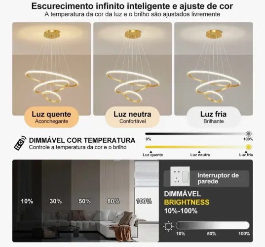 Lustre Led Moderno 89w Pendente 3 Anéis C/ Controle 3 Cores