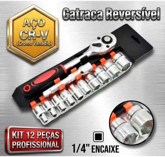 Jogo de Chave Catraca Reversível 1/4 Soquete Sextavado 12 Peças Aço Cr-V - Gtech