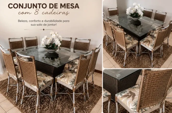 Conjunto de mesa de junco sintético com pé de alumínio e cadeiras