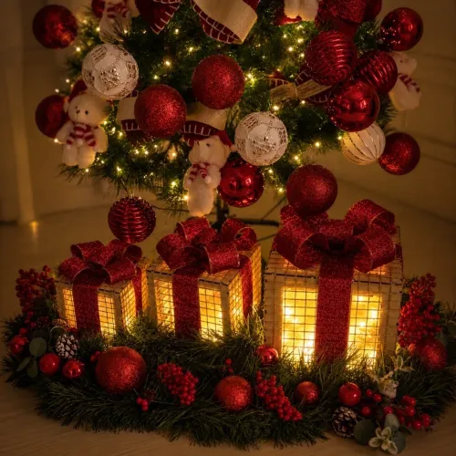 Kit 3 Caixas Led Presente Decoração Árvore Natal Laço Luxo