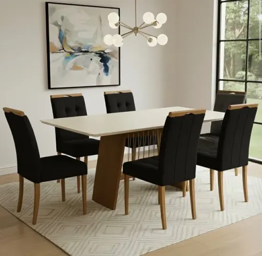 Conjunto Mesa de Jantar Lorena 160 com Vidro e 6 Cadeiras Veludo Preto