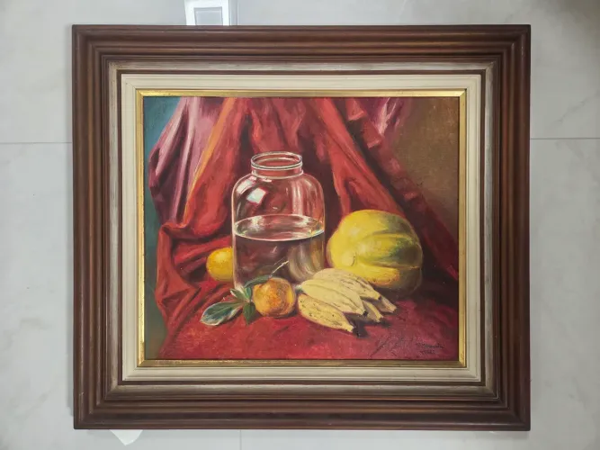 Quadro pintura sobre tela a óleo em moldura de madeira