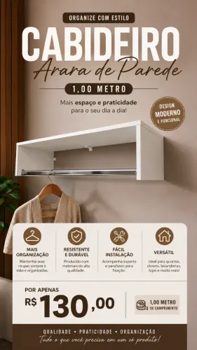Arara de Parede 1,00m para Roupas - Apenas R$130