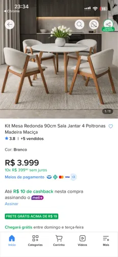 Mesa jantar 110cm e 4 cadeiras estofadas NOVO