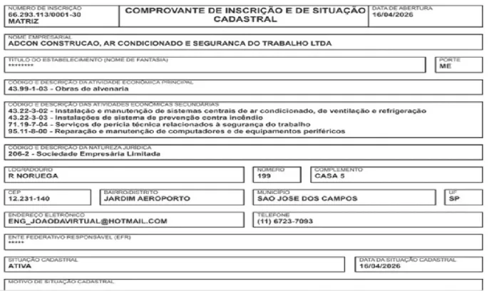 empresa obras nova com conta bancaria sem dividas