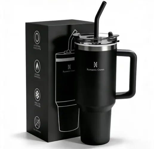 ROMANTIC CROWN Copo Térmico Inox Portátil 1200ml com Tampa e Canudo