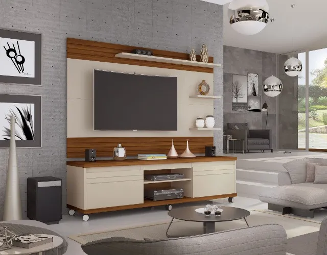 Conjunto retro branco laqueado Rack + Painel Milan = Pronta entrega