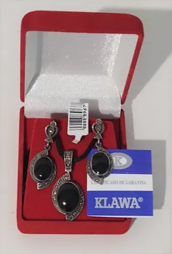 Conjunto de prata Pingente e Brincos com ônix e marcassita Klawa