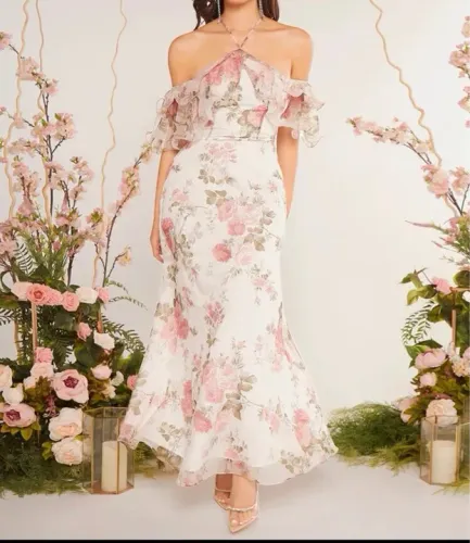 Promoção !!Vestido festa Longo Floral Off-Shoulder