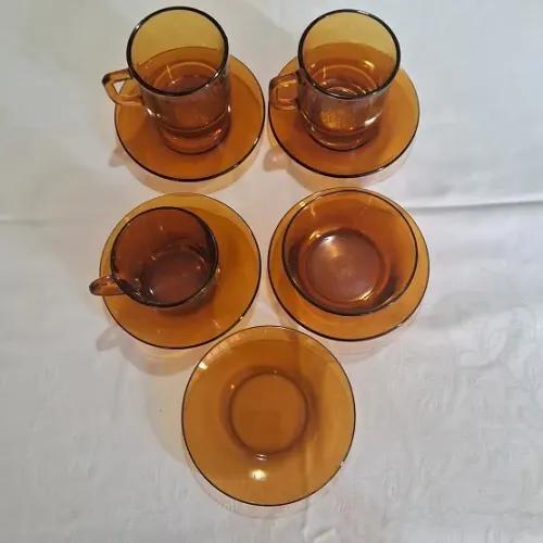 Xícaras Duralex  Âmbar Com Pires E Copo De Sobremesa