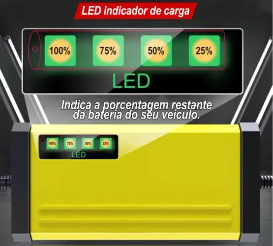 Com este carregador 220V, você carrega a bateria do seu carro, moto ou qualquer bateria 12