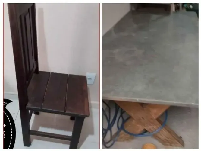 1 Mesa grande Mármore medida 2X1 6 cadeiras de madeira maciça  Vendo separados 