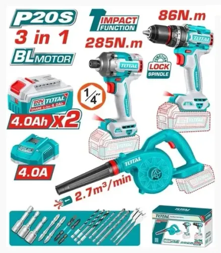 Kit de Ferramentas Sem Fio total com 2 baterais de 20v 4Ah e um carregador de 4Ah