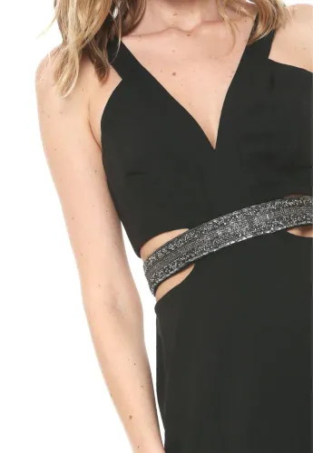 Vestido LANÇA PERFUME Preto longo longo com fenda e bordado na cintura (P)