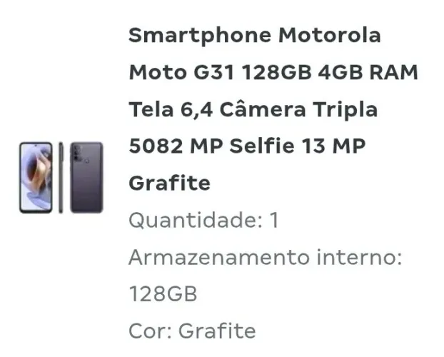 Smartphone celular moto g31 zerado nunca usado.