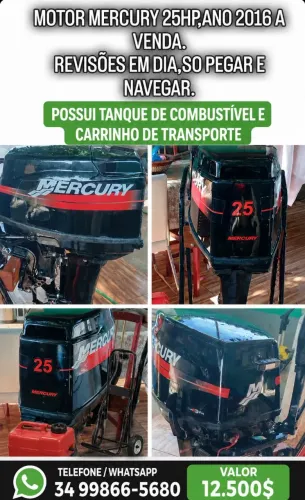 MOTOR POPA MERCURY 25HP A VENDA,ANO 2016.JA AJUSTADO PARA 30HP