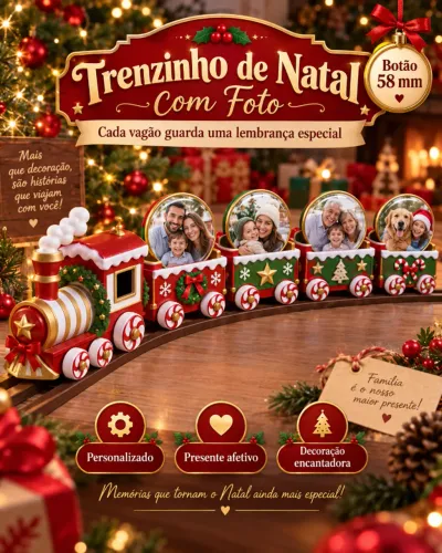 Trenzinho de Natal com Foto Personalizada - Botão 58 mm