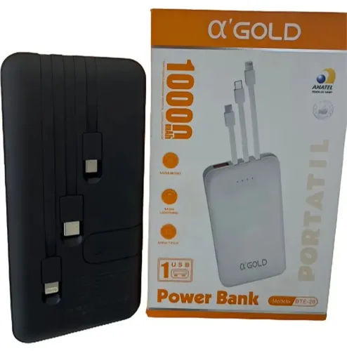 Carregador Portátil 10.000mah Adaptador 3 Entradas Branco/Preto