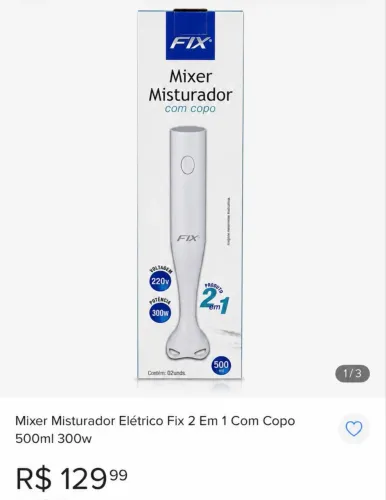 Mixer Misturador Elétrico Fix 2 Em 1 Com Copo 500ml 300w - 220V