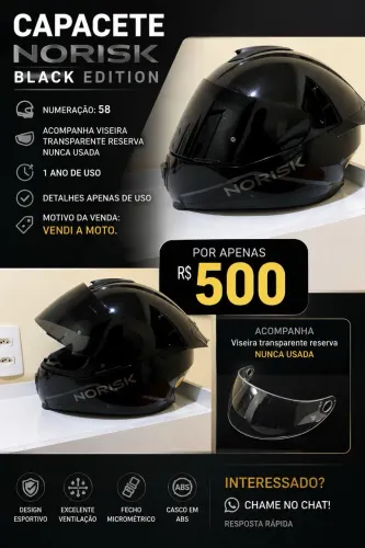 Capacete Norisk Black Edition Preto - Tam. 58 + Viseira Reserva