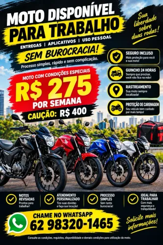 ? Aluguel de Moto para Trabalho - R$ 275/semana | Seguro + Rastreador