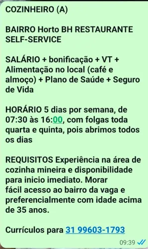 VAGA PARA COZINHEIRA(O) CLT