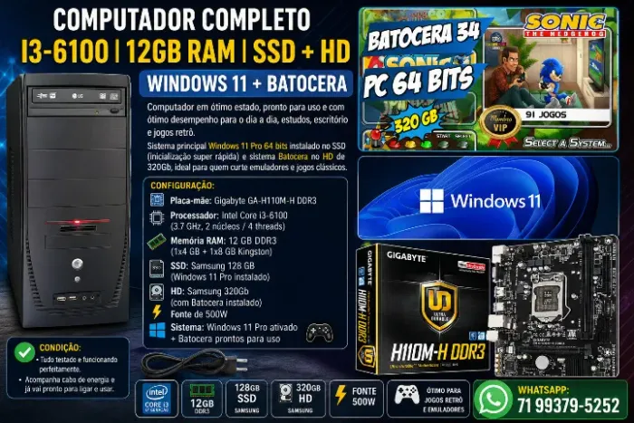 Computador i3-6100 | 12 GB RAM | SSD + HD | Windows 11 + Batocera