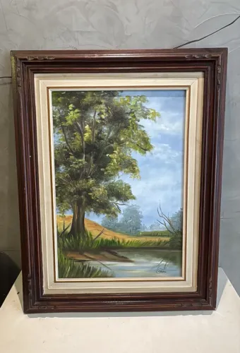 Quadro Pintura Óleo Original Paisagem Roça Moldura Entalhada