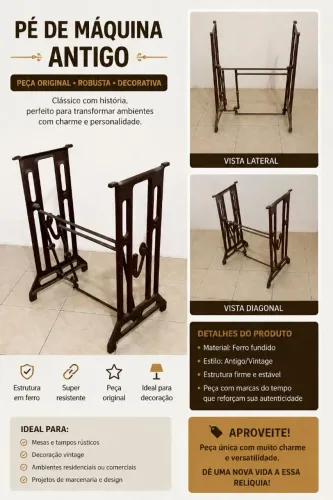 Pé de Máquina Antigo em Ferro Fundido - Vintage / Decoração / Mesa