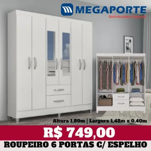 Guarda Roupa 6 Portas 2 Gavetas com Espelho (Novo) Entrega Grátis!